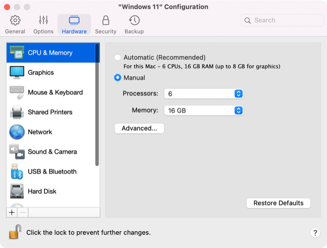 Configuração de hardware do Parallels Desktop 18