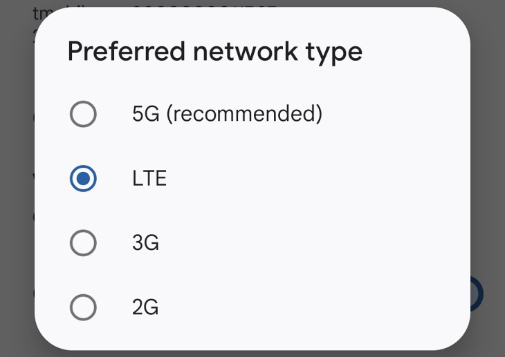 Tipo de rede preferido nas configurações do Android