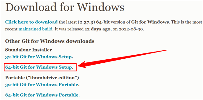 Clique no executável Git de 64 bits.