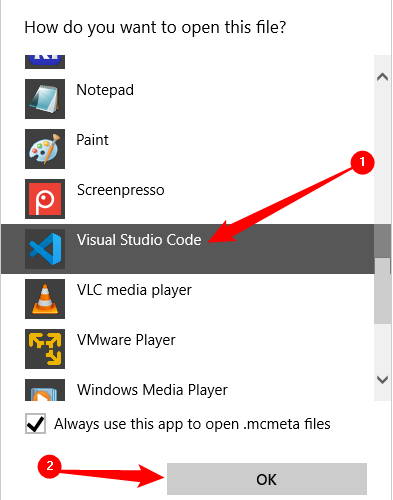 Abra o arquivo MCMETA com Visual Studio Code.