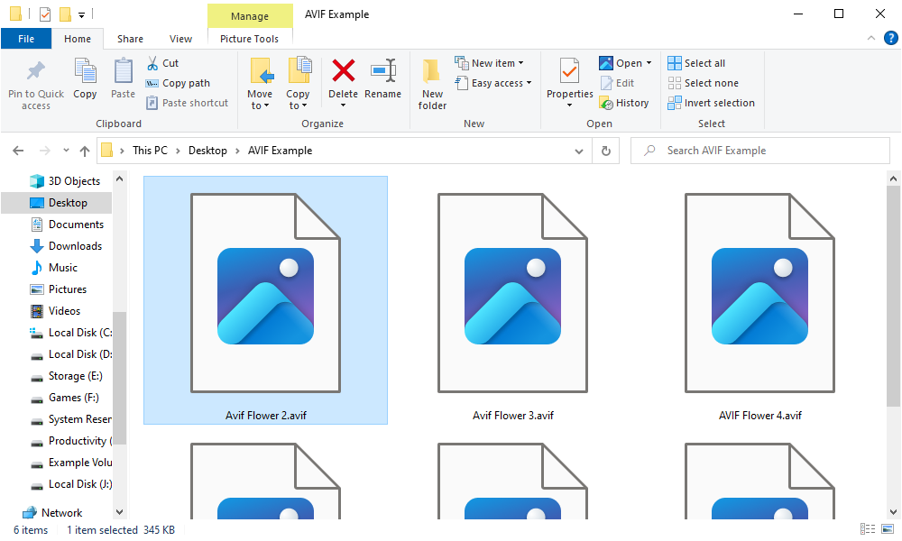 Ícones de espaço reservado para imagens AVIF no Windows 10.