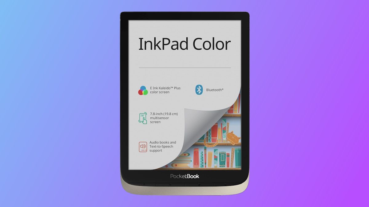 Pocketbook InkPad Color em fundo roxo