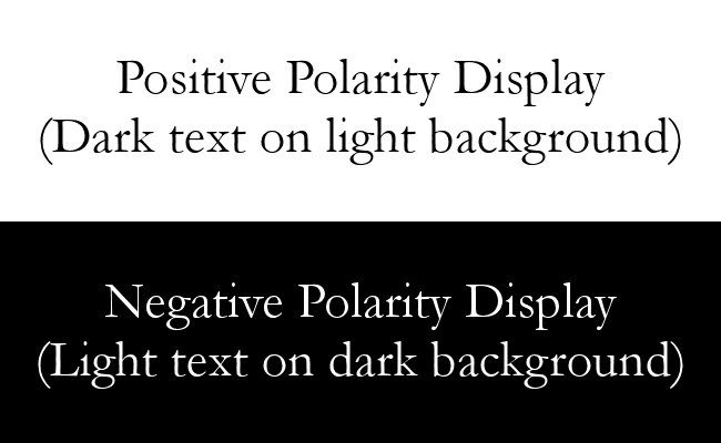 Exemplo de exibição de polaridade positiva versus exibição de polaridade negativa.