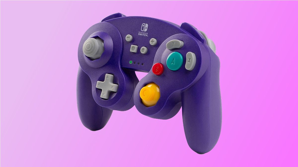 Controlador PowerA Gamecube em fundo rosa