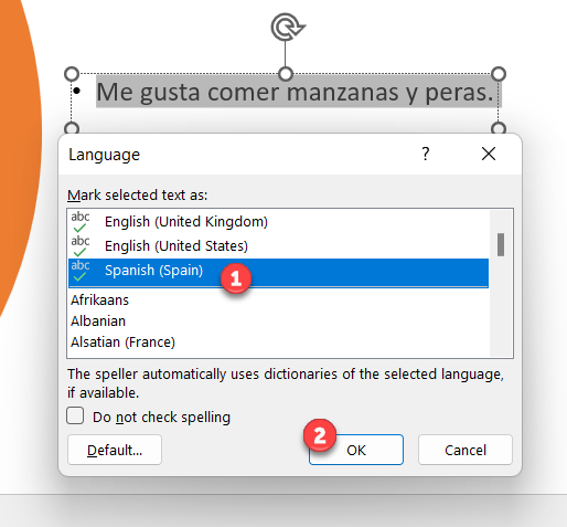 Para selecionar um novo idioma de revisão, selecione o idioma na caixa