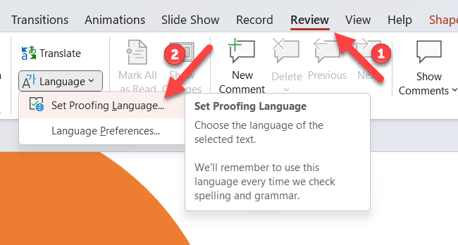 Para definir o idioma de revisão no PowerPoint, pressione Revisão > Idioma > Definir idioma de revisão.