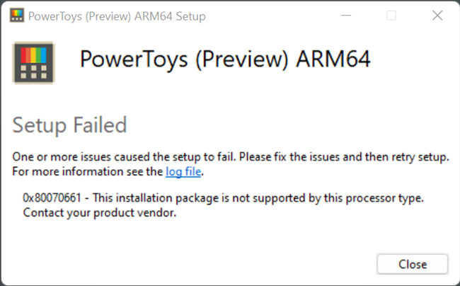 A mensagem de erro que você receberá se tentar instalar um programa ARM64 em um PC x64.