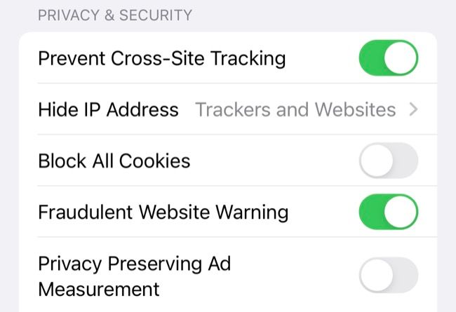 Configurações de privacidade do Safari no iPhone