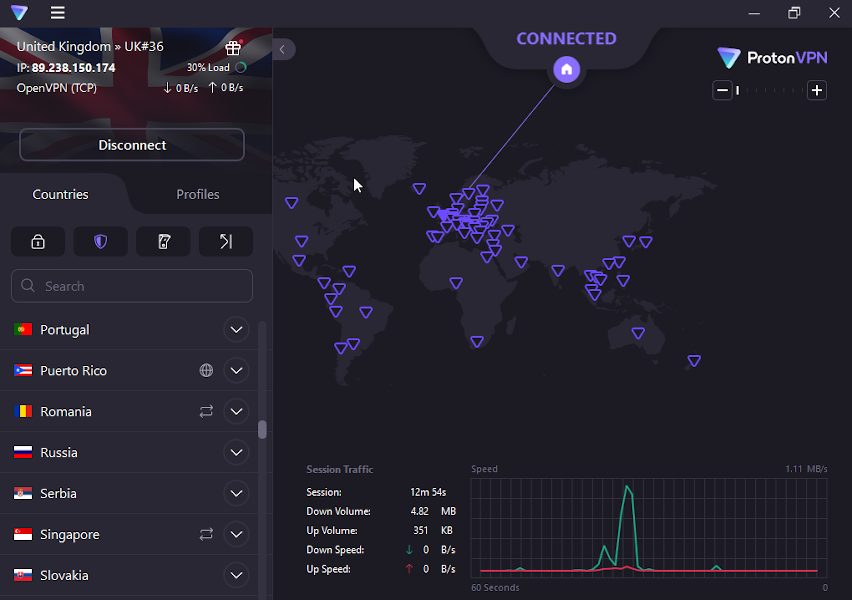 Interface principal do Proton VPN