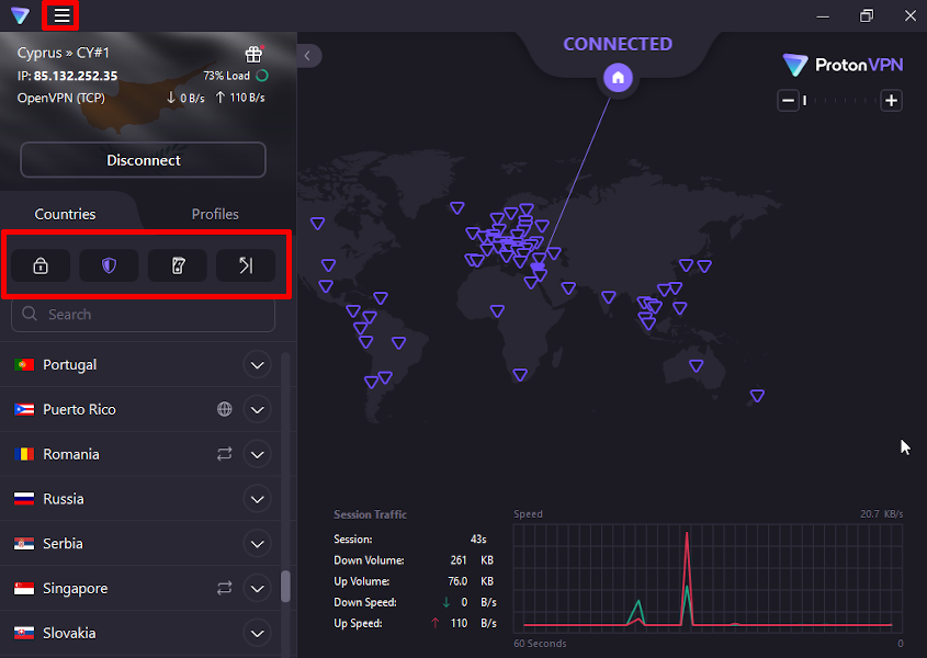 Os menus dispersos do Proton VPN