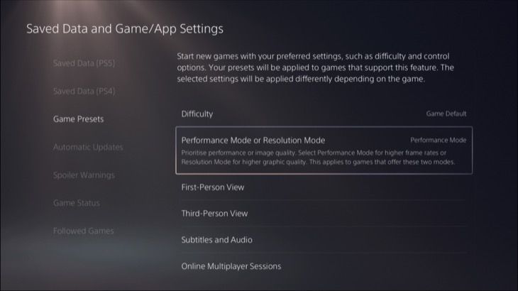 Use predefinições de jogos PS5 para escolher entre modos de desempenho e gráficos