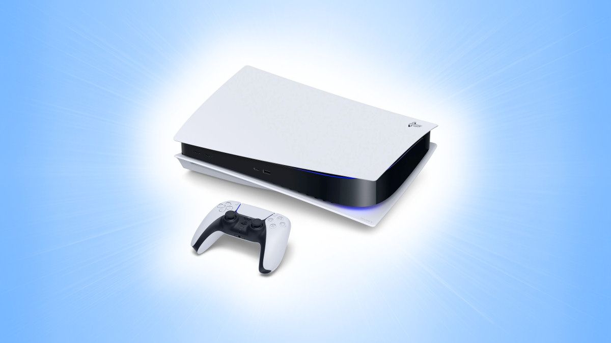 Um console Sony PlayStation 5 (PS5) em um fundo azul