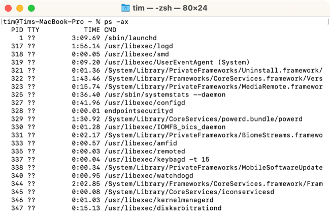 Listar processos em execução por PID no Terminal macOS