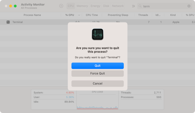 Saia do processo do macOS usando o Activity Monitor