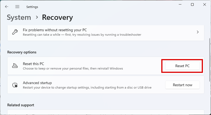 as configurações de recuperação no Windows 11