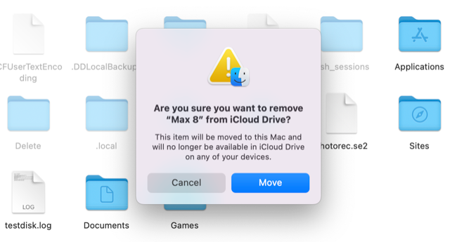 Aviso de remoção de pasta do iCloud Drive