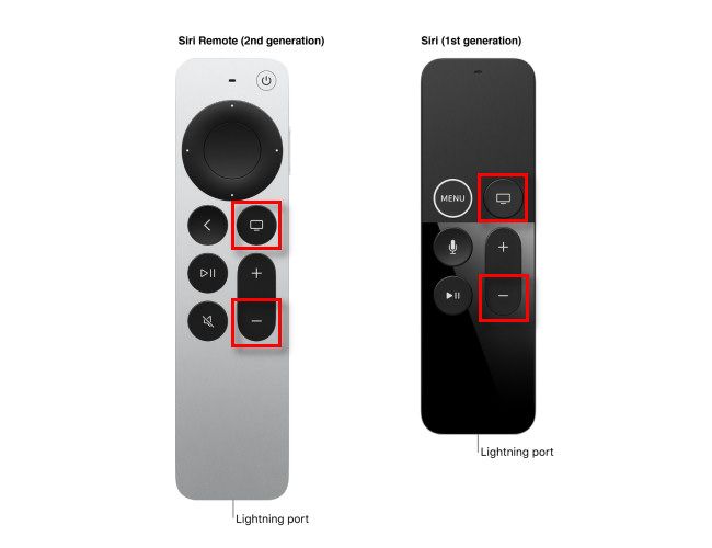 Para reiniciar um Apple TV Siri Remote, mantenha pressionado o ícone da TV e o botão de diminuir volume por seis segundos.