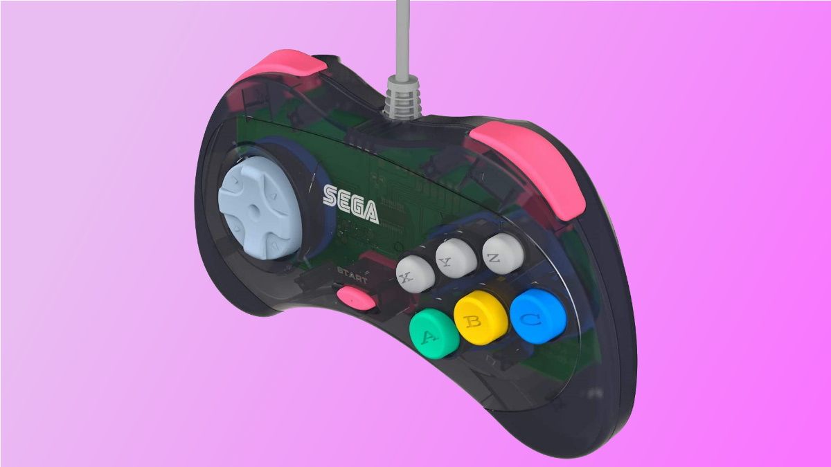 Controlador Retro-Bit Saturn em fundo rosa