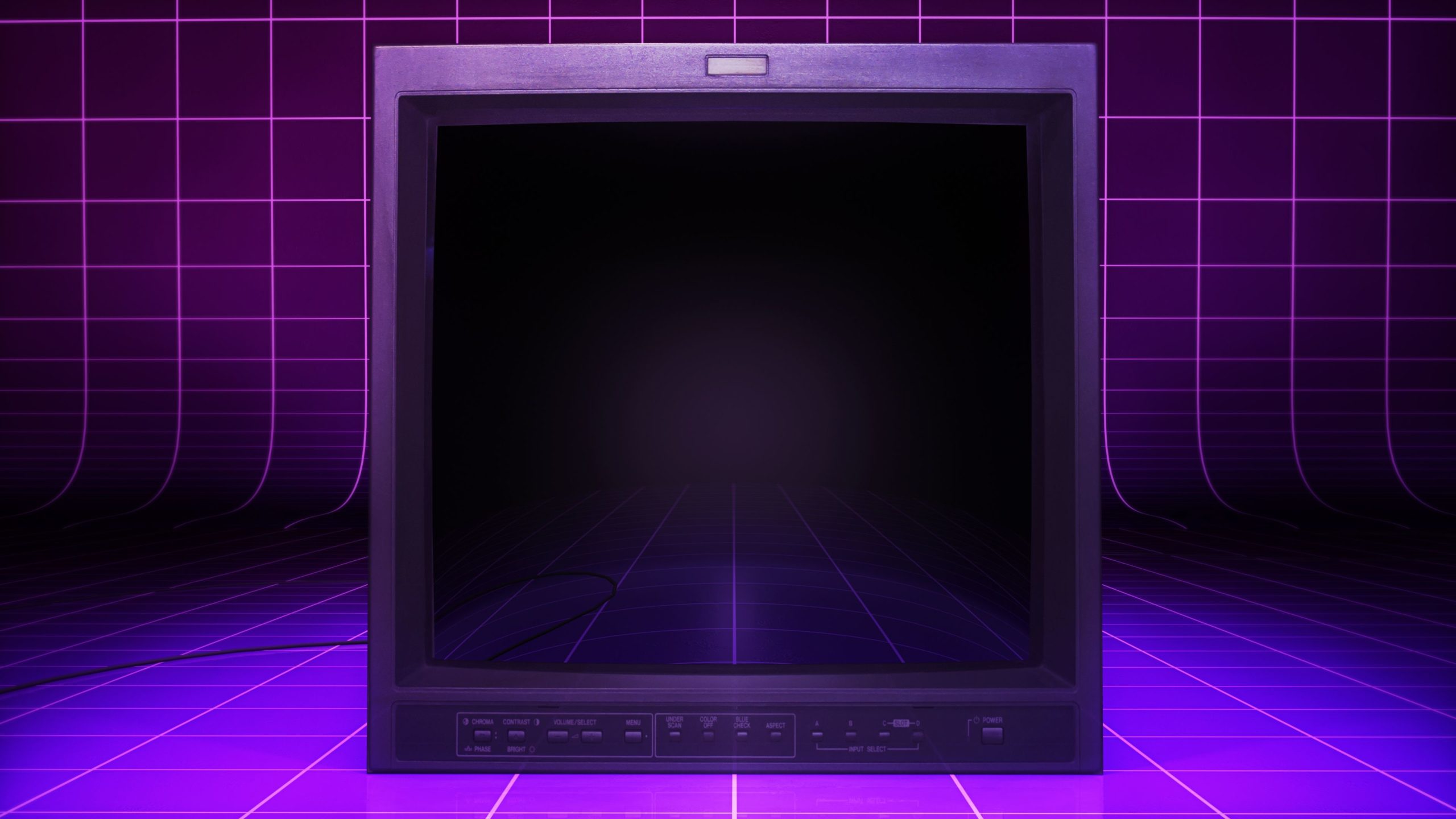 Um monitor CRT vintage com um fundo de grade de arcade retrô roxo.