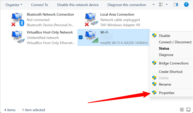 Clique com o botão direito no adaptador de rede Wi-Fi e clique em