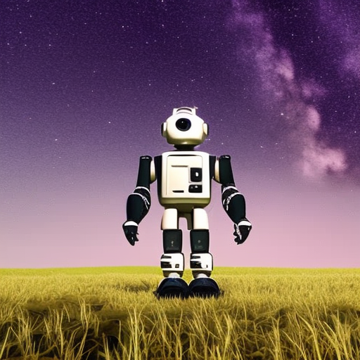 Um robô parado em um campo sob um céu estrelado.