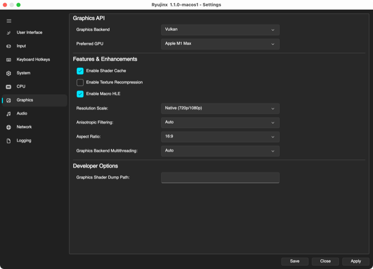 Configurações gráficas Ryujinx no macOS