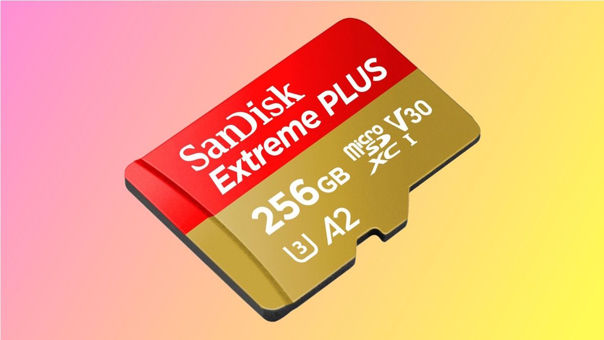 Cartão Sandisk Extreme Plus em fundo rosa e amarelo