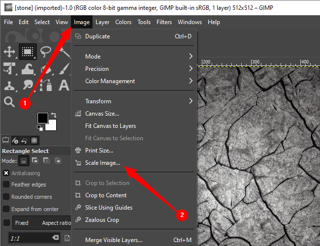 Clique em “Imagem” e depois em “Escala de imagem” para alterar o tamanho da textura.