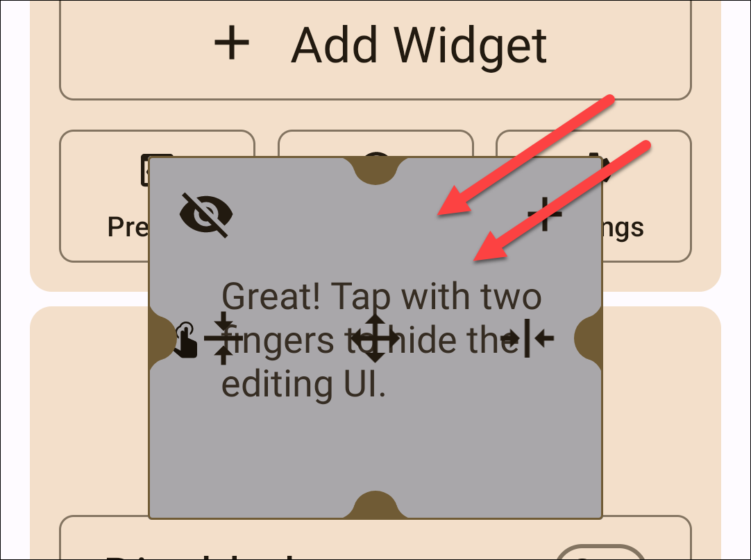 Opções de edição de widgets.