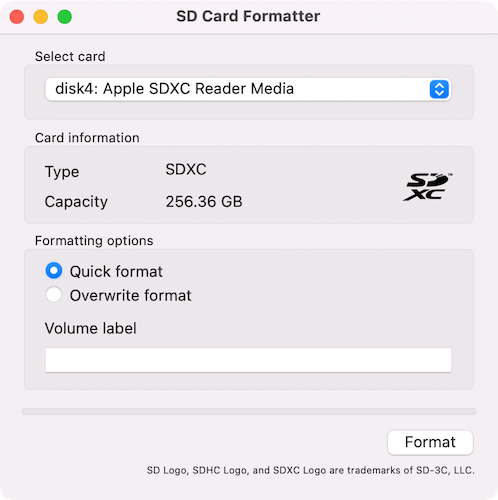 Formatador de cartão de memória SD Card Association para macOS