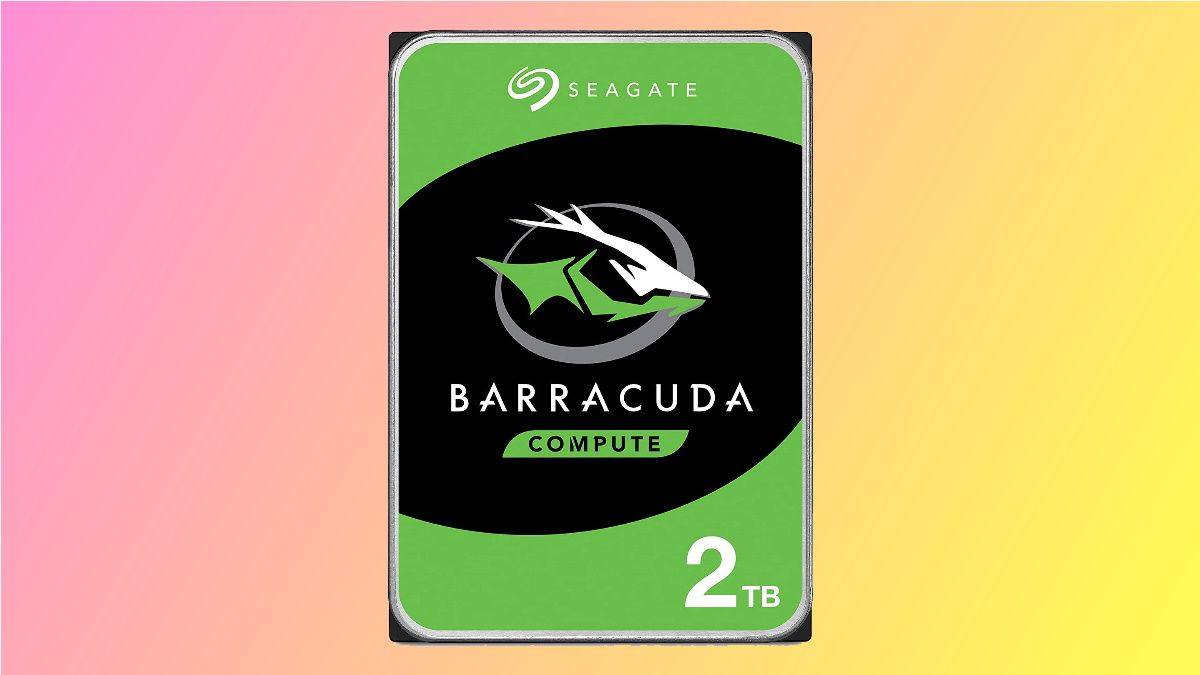 Seagate Barrasuda em fundo rosa e amarelo