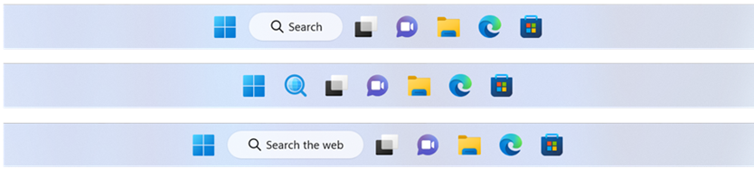 Barra de tarefas do Windows 11 com três opções de botão de pesquisa