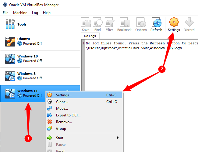 Clique com o botão direito na VM e clique em Configurações ou clique com o botão esquerdo na VM e clique em “Configurações” na barra de ferramentas superior.