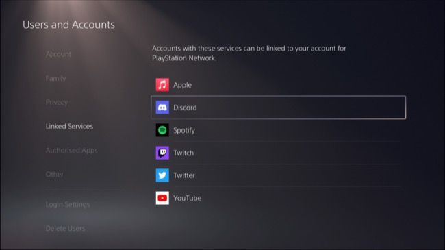 Selecione a conta Discord nas configurações do PS5