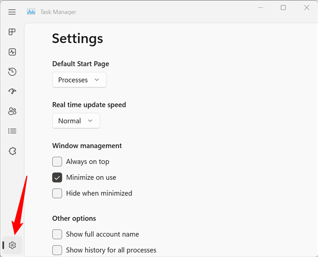 Clique no ícone de engrenagem no canto inferior esquerdo para ver todas as configurações do Gerenciador de Tarefas.