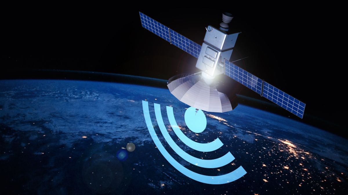 Satélite com um símbolo de Wi-Fi abaixo orbitando a Terra.