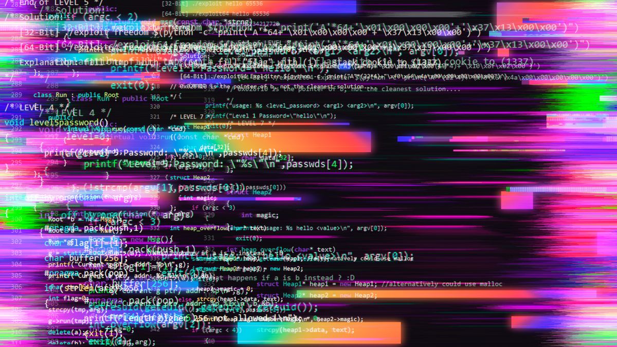 Código de computador com detalhes coloridos em arte de falha.