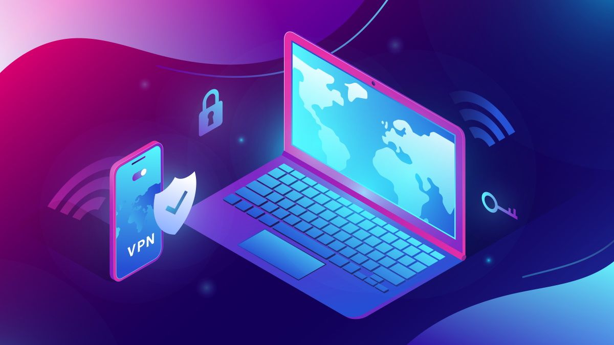 Aplicativos VPN executados em um laptop e smartphone.