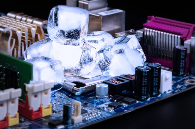 Cubos de gelo em cima de uma CPU na placa-mãe de um computador.