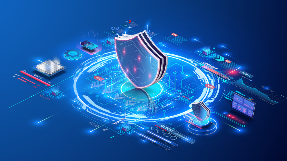 Desenho digital de um escudo cercado por dispositivos brilhantes e interconectados para ilustrar o conceito de segurança cibernética.