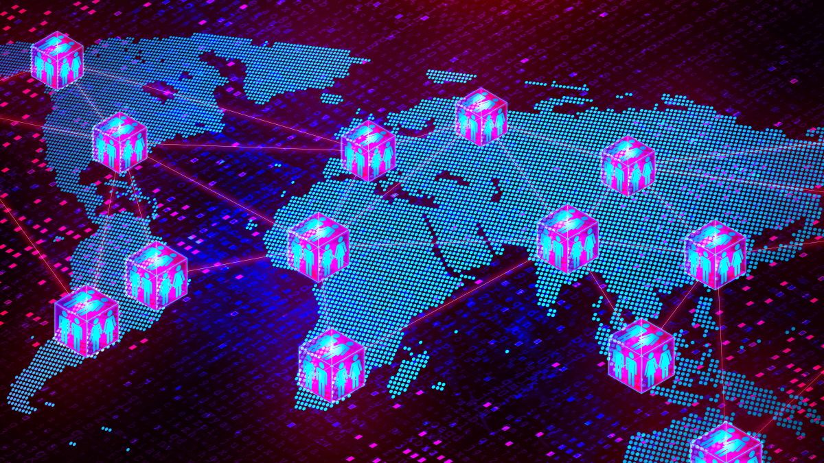 Conexões blockchain descentralizadas em todo o mundo.