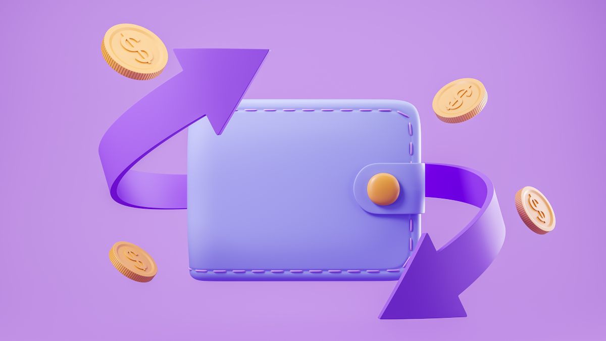 Ilustração digital de uma carteira com moedas flutuando ao redor e setas formando um círculo para ilustrar um reembolso.