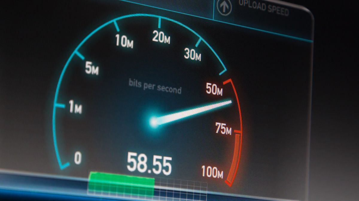 Um teste de velocidade da Internet mostrando uma classificação de 58 megabits por segundo.