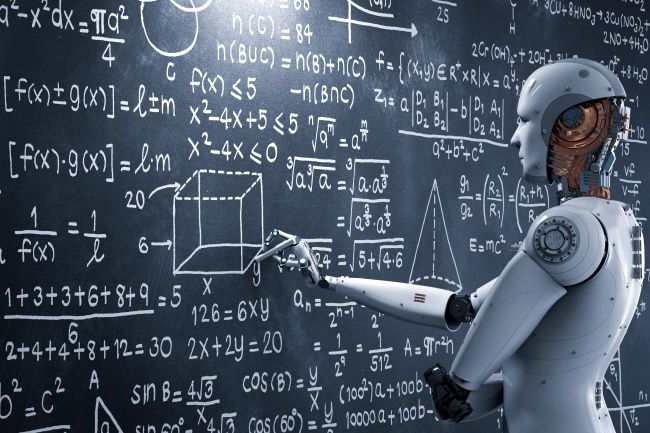 Um robô escrevendo equações matemáticas em um quadro-negro.