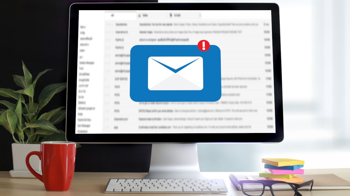 Monitor de computador desktop mostrando um ícone de notificação por e-mail.