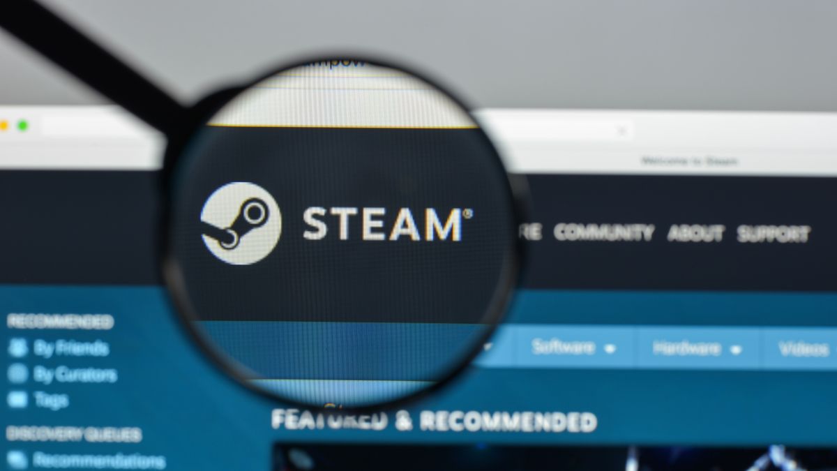 Lupa destacando o logotipo da Valve Steam na página da loja Steam.
