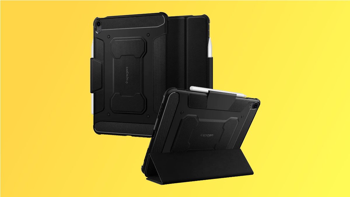 Spigen Rugged Armor Pro em fundo amarelo