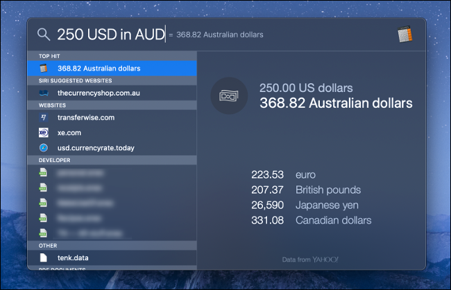 Pesquisa macOS Spotlight com conversão de moeda