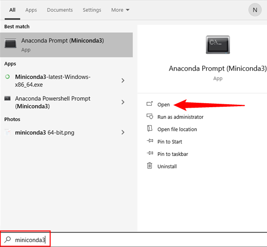 Digite “miniconda3” na pesquisa do menu Iniciar e clique em “Abrir”.