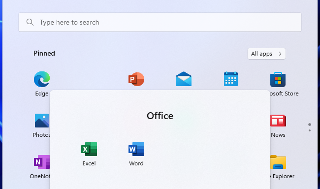 Pastas de aplicativos do menu Iniciar no Windows 11.